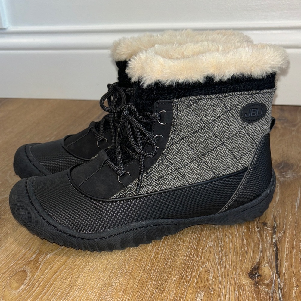 JBU Black and Gray Herringbone Faux-Fur Winter Ankle Boots